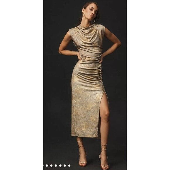 Anthropologie Maya Ruched Midi Dress Sexy Party Gold S Petite Metallic Wedding - Picture 1 of 11